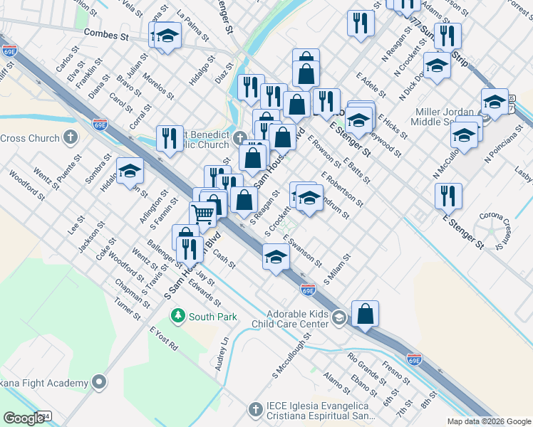 map of restaurants, bars, coffee shops, grocery stores, and more near 518 South Crockett Street in San Benito