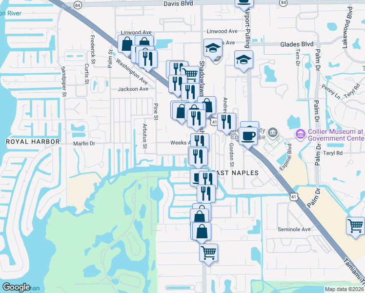 map of restaurants, bars, coffee shops, grocery stores, and more near 2732 Weeks Avenue in Naples