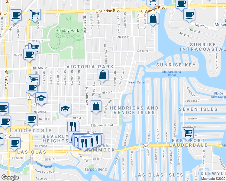 map of restaurants, bars, coffee shops, grocery stores, and more near 417 Northeast 17th Avenue in Fort Lauderdale