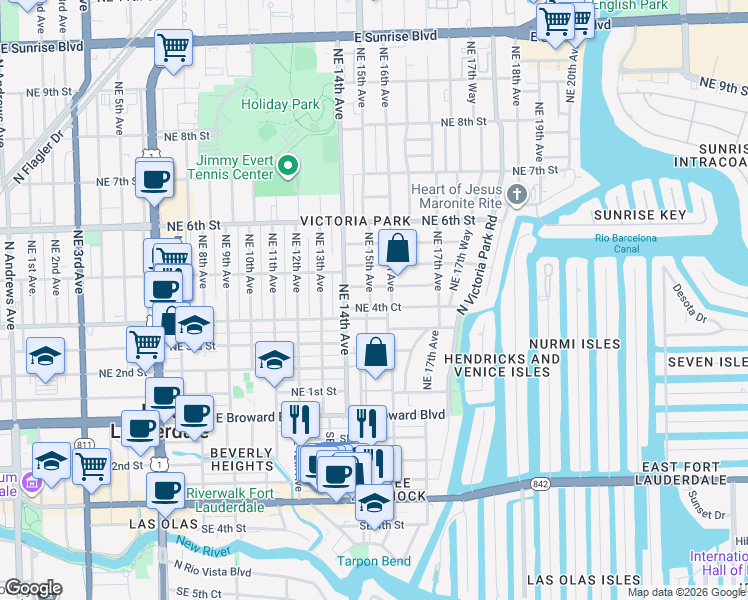 map of restaurants, bars, coffee shops, grocery stores, and more near 415 Northeast 15th Avenue in Fort Lauderdale