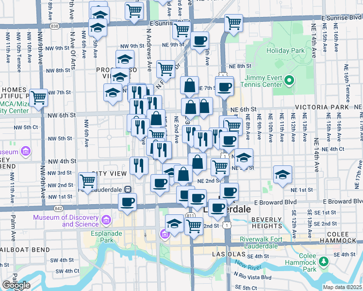map of restaurants, bars, coffee shops, grocery stores, and more near 425 Northeast 2nd Avenue in Fort Lauderdale