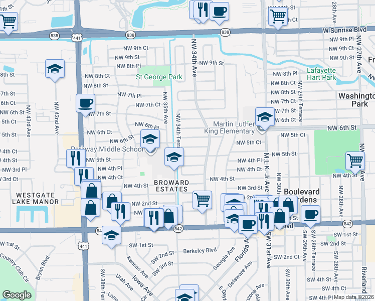 map of restaurants, bars, coffee shops, grocery stores, and more near 3460 Northwest 5th Court in Fort Lauderdale