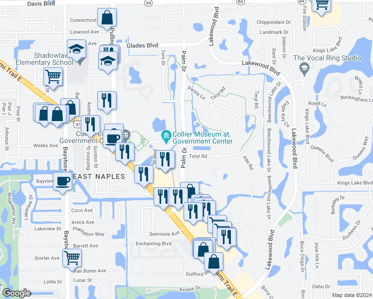 map of restaurants, bars, coffee shops, grocery stores, and more near 175 Palm Drive in Naples