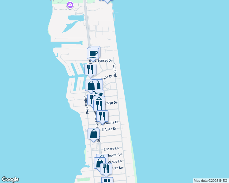 map of restaurants, bars, coffee shops, grocery stores, and more near 123 East Morningside Drive in South Padre Island