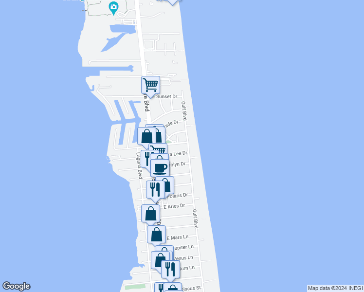 map of restaurants, bars, coffee shops, grocery stores, and more near 123 East Morningside Drive in South Padre Island