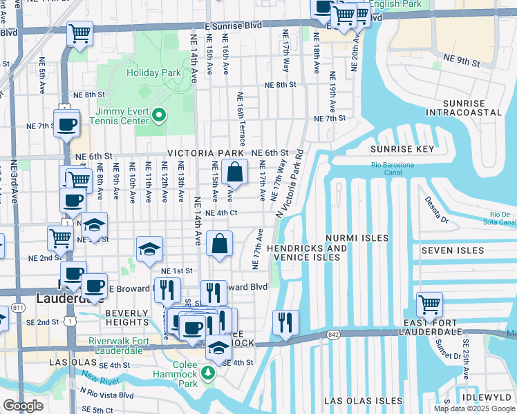 map of restaurants, bars, coffee shops, grocery stores, and more near 417 Northeast 17th Avenue in Fort Lauderdale