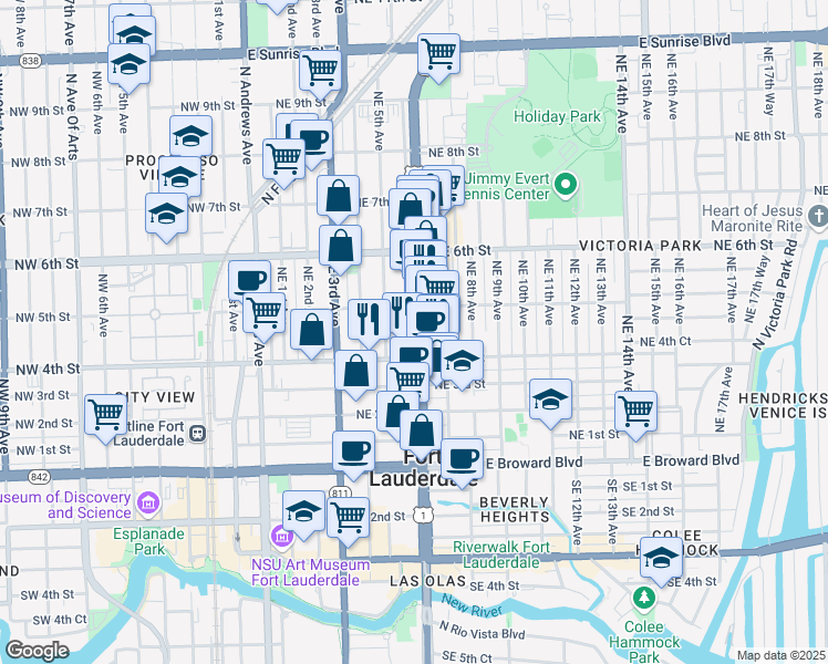 map of restaurants, bars, coffee shops, grocery stores, and more near 413 North Federal Highway in Fort Lauderdale