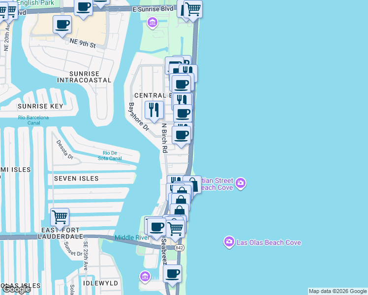 map of restaurants, bars, coffee shops, grocery stores, and more near 321 North Fort Lauderdale Beach Boulevard in Fort Lauderdale