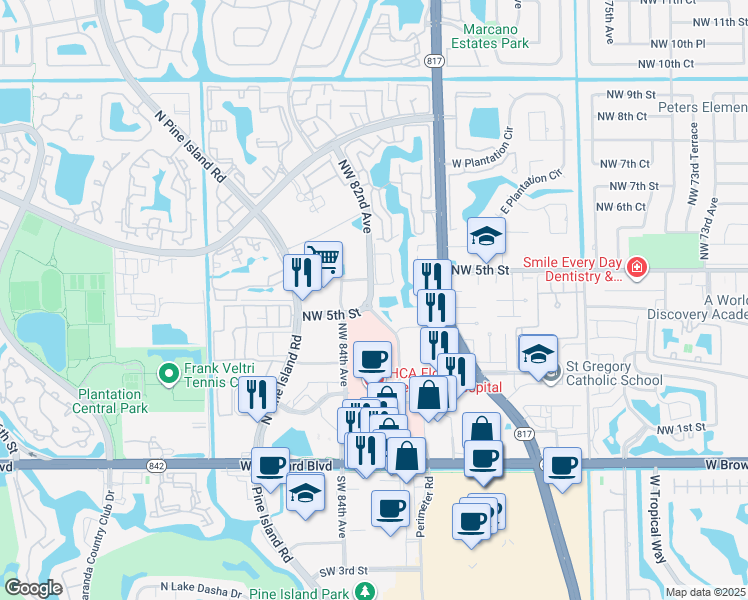 map of restaurants, bars, coffee shops, grocery stores, and more near 472 Westree Lane in Plantation