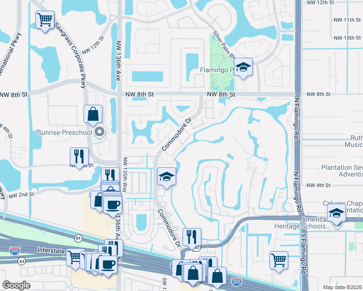 map of restaurants, bars, coffee shops, grocery stores, and more near 219 Northwest 132nd Terrace in Plantation
