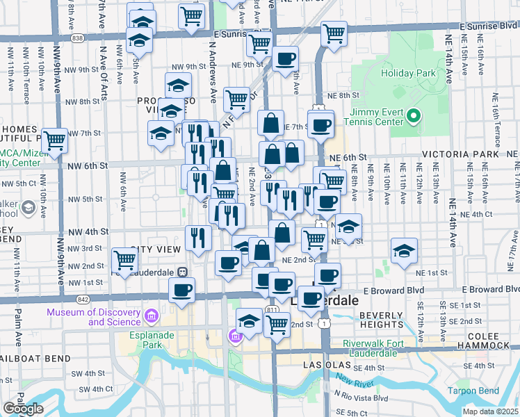map of restaurants, bars, coffee shops, grocery stores, and more near 425 Northeast 2nd Avenue in Fort Lauderdale