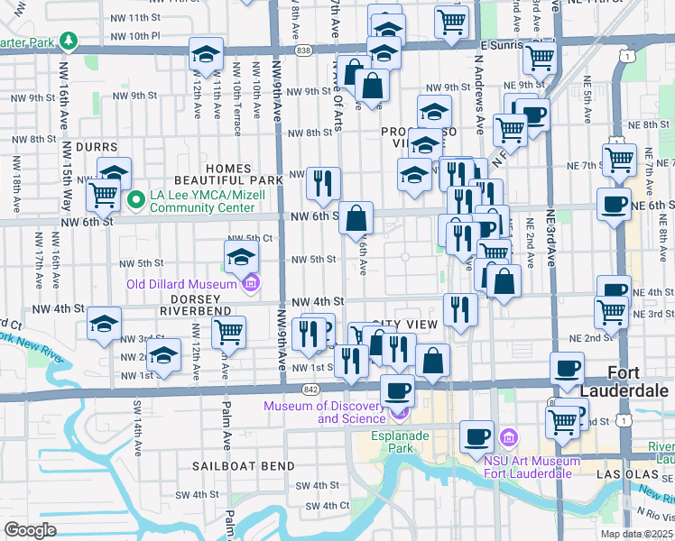 map of restaurants, bars, coffee shops, grocery stores, and more near 435 Northwest 7th Avenue in Fort Lauderdale