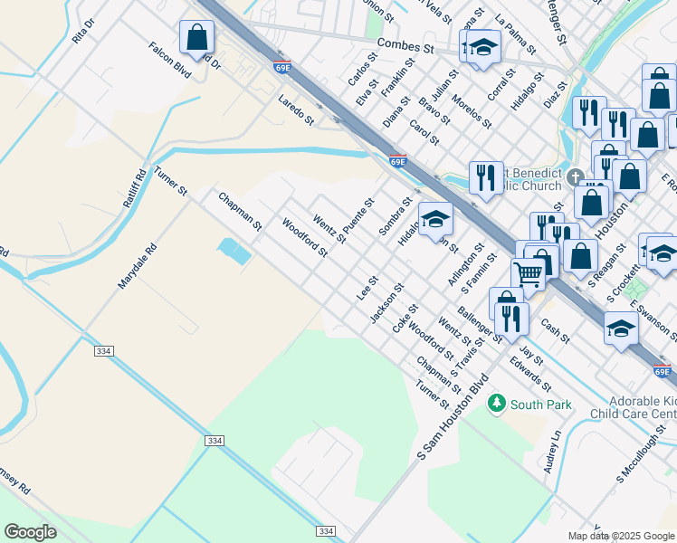 map of restaurants, bars, coffee shops, grocery stores, and more near 833 Woodford Street in San Benito