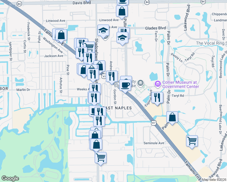 map of restaurants, bars, coffee shops, grocery stores, and more near 2824 Gordon Street in Naples