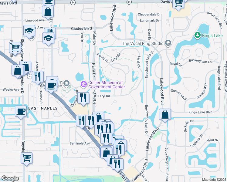 map of restaurants, bars, coffee shops, grocery stores, and more near 195 Harrison Road in Naples
