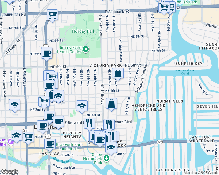 map of restaurants, bars, coffee shops, grocery stores, and more near 415 Northeast 15th Avenue in Fort Lauderdale