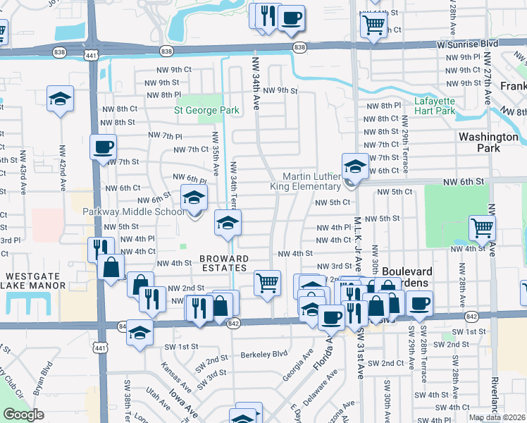 map of restaurants, bars, coffee shops, grocery stores, and more near in Lauderhill