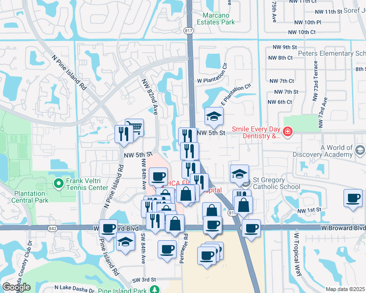 map of restaurants, bars, coffee shops, grocery stores, and more near 413 North University Drive in Plantation