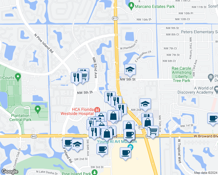 map of restaurants, bars, coffee shops, grocery stores, and more near 413 North University Drive in Plantation