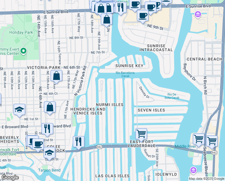 map of restaurants, bars, coffee shops, grocery stores, and more near 163 Fiesta Way in Fort Lauderdale