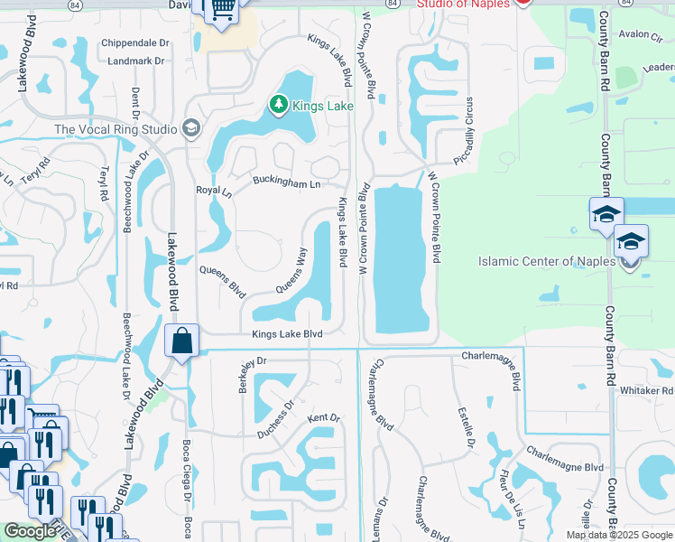map of restaurants, bars, coffee shops, grocery stores, and more near 2499 Kings Lake Boulevard in Naples