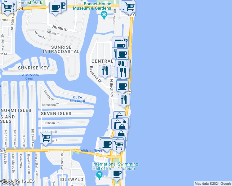 map of restaurants, bars, coffee shops, grocery stores, and more near 329 North Birch Road in Fort Lauderdale