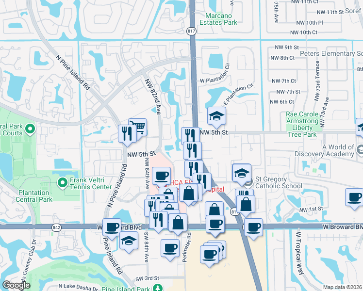 map of restaurants, bars, coffee shops, grocery stores, and more near 413 North University Drive in Plantation