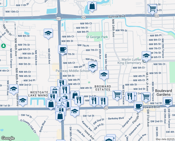 map of restaurants, bars, coffee shops, grocery stores, and more near 3600 Northwest 5th Court in Lauderhill