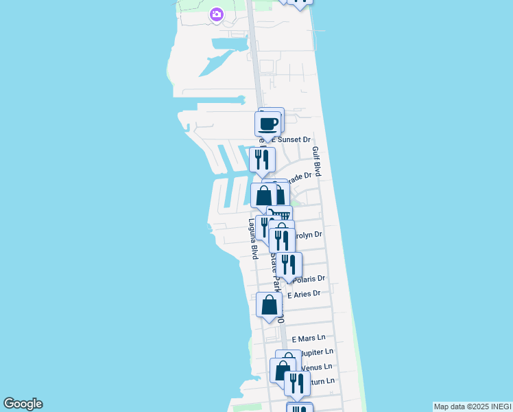 map of restaurants, bars, coffee shops, grocery stores, and more near 104 West Morningside Drive in South Padre Island