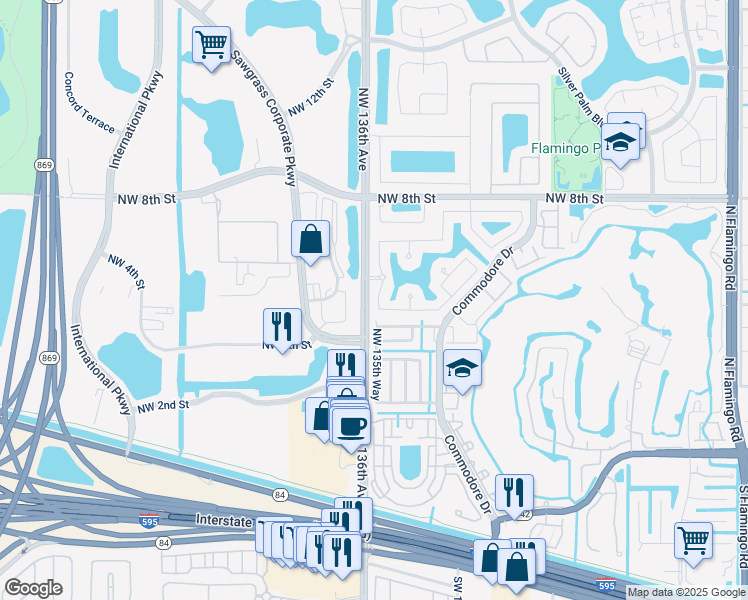 map of restaurants, bars, coffee shops, grocery stores, and more near 564 Northwest 135th Terrace in Plantation