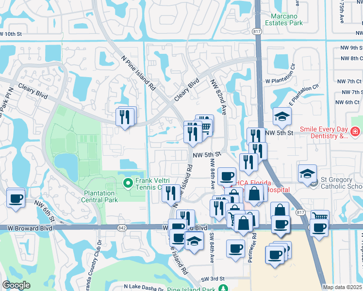 map of restaurants, bars, coffee shops, grocery stores, and more near 517 North Pine Island Road in Plantation