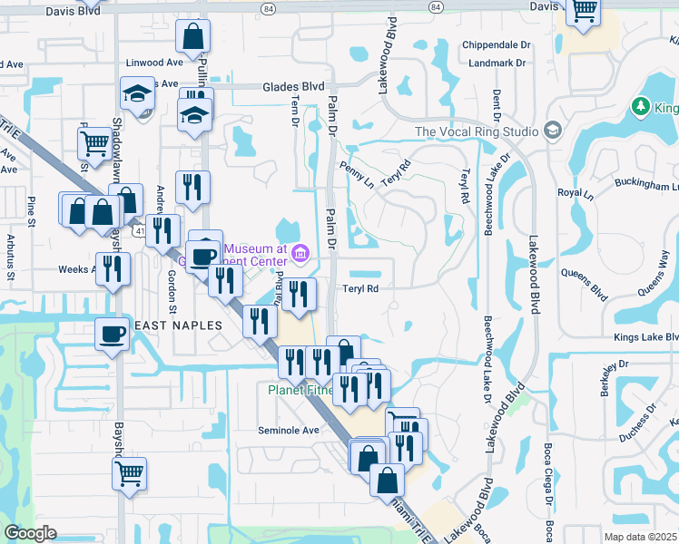 map of restaurants, bars, coffee shops, grocery stores, and more near 185 Palm Drive in Naples