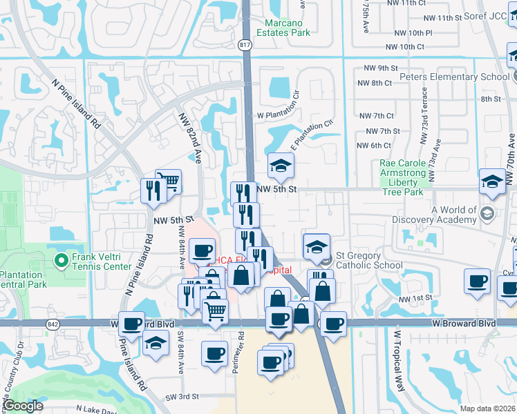 map of restaurants, bars, coffee shops, grocery stores, and more near 7981 Northwest 4th Street in Plantation