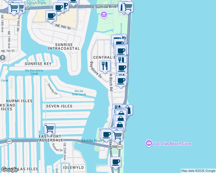 map of restaurants, bars, coffee shops, grocery stores, and more near 329 North Birch Road in Fort Lauderdale