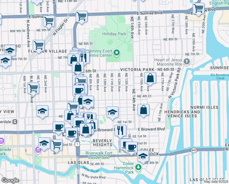 map of restaurants, bars, coffee shops, grocery stores, and more near 417 Northeast 12th Avenue in Fort Lauderdale