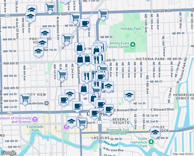 map of restaurants, bars, coffee shops, grocery stores, and more near 413 North Federal Highway in Fort Lauderdale