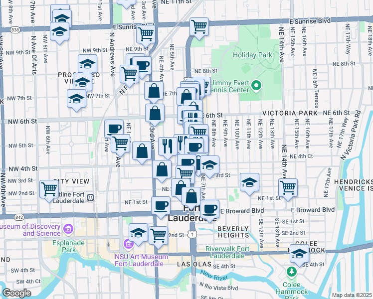 map of restaurants, bars, coffee shops, grocery stores, and more near 413 North Federal Highway in Fort Lauderdale