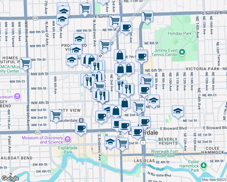 map of restaurants, bars, coffee shops, grocery stores, and more near 425 Northeast 2nd Avenue in Fort Lauderdale