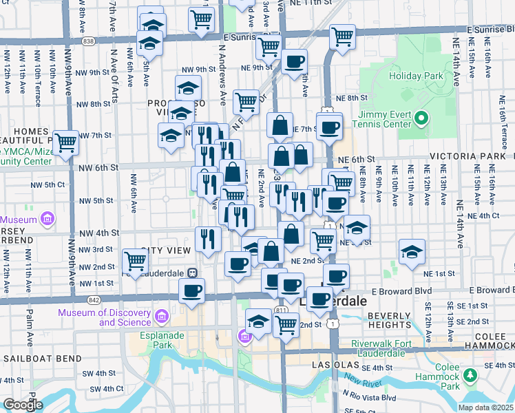 map of restaurants, bars, coffee shops, grocery stores, and more near 425 Northeast 2nd Avenue in Fort Lauderdale