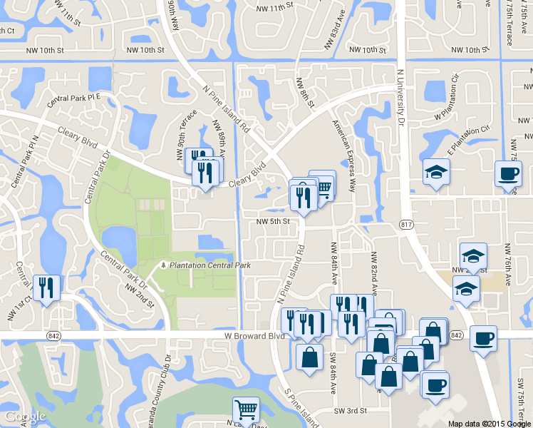 map of restaurants, bars, coffee shops, grocery stores, and more near 565 North Pine Island Road in Plantation