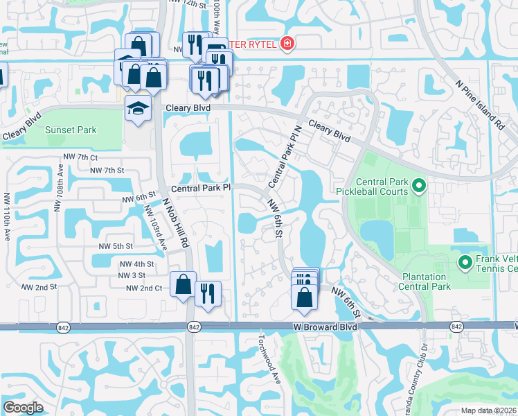 map of restaurants, bars, coffee shops, grocery stores, and more near 9856 Northwest 5th Court in Plantation