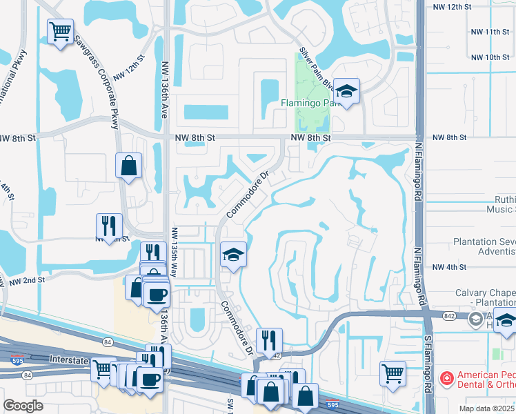 map of restaurants, bars, coffee shops, grocery stores, and more near 219 Northwest 132nd Terrace in Plantation