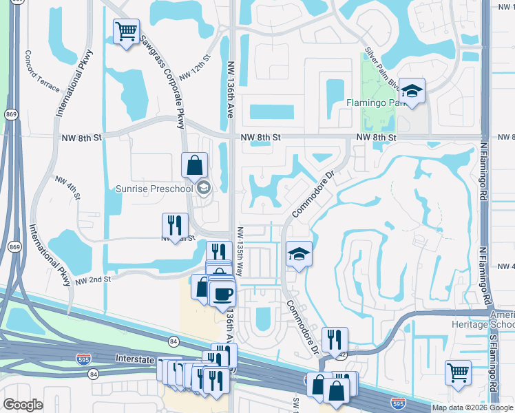 map of restaurants, bars, coffee shops, grocery stores, and more near 13481 Northwest 5th Court in Plantation