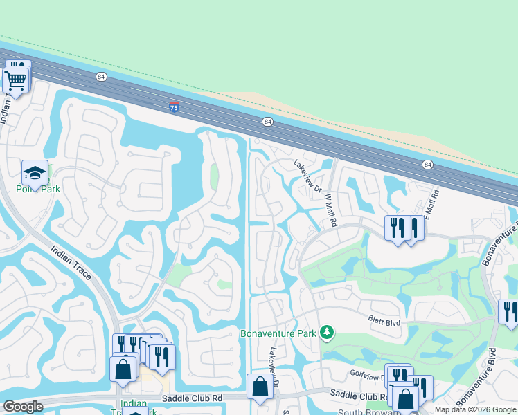 map of restaurants, bars, coffee shops, grocery stores, and more near 235 Lakeview Drive in Weston