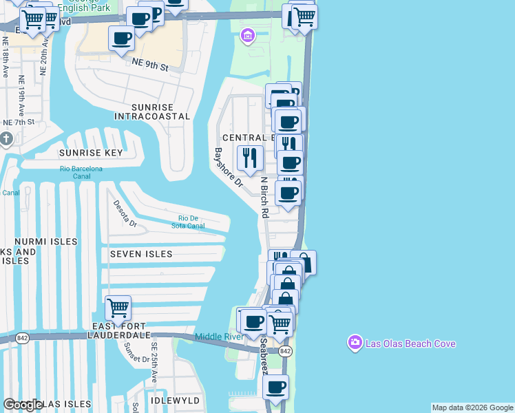 map of restaurants, bars, coffee shops, grocery stores, and more near 329 North Birch Road in Fort Lauderdale