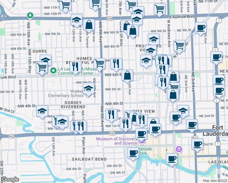 map of restaurants, bars, coffee shops, grocery stores, and more near 445 Northwest 8th Avenue in Fort Lauderdale