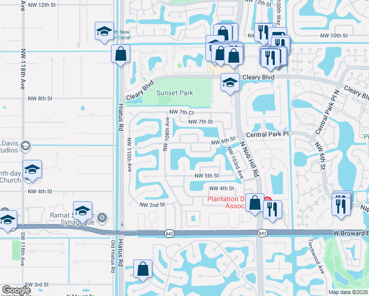 map of restaurants, bars, coffee shops, grocery stores, and more near 106 The Common in Plantation
