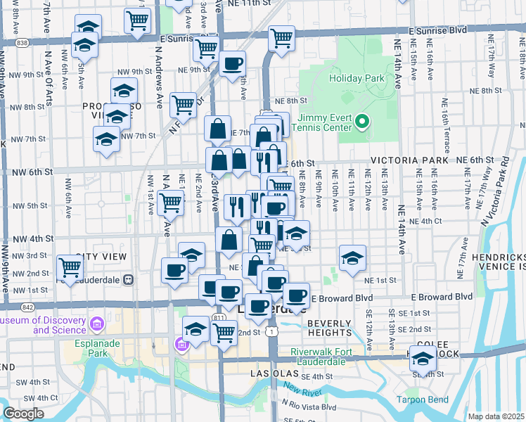 map of restaurants, bars, coffee shops, grocery stores, and more near 413 North Federal Highway in Fort Lauderdale