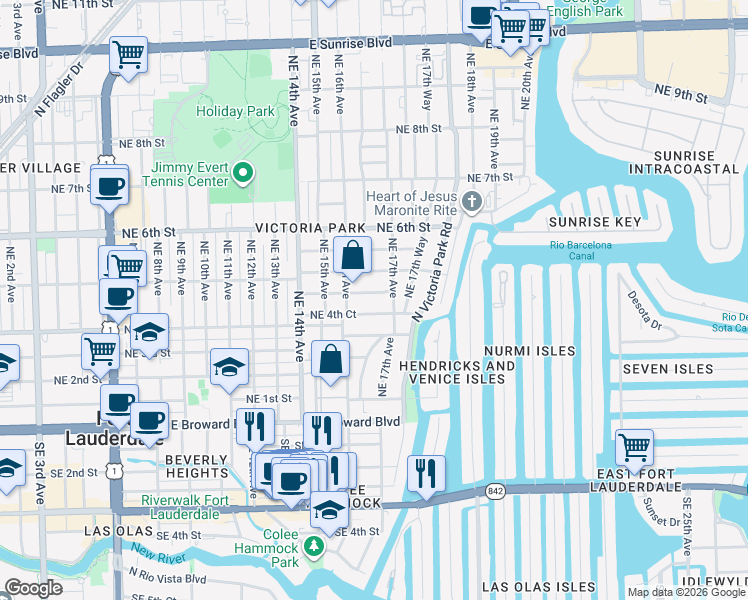 map of restaurants, bars, coffee shops, grocery stores, and more near 417 Northeast 17th Avenue in Fort Lauderdale