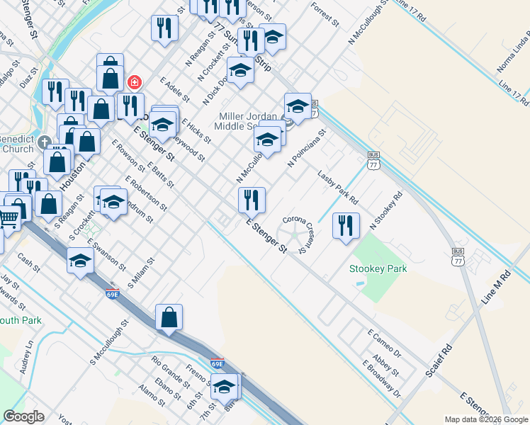 map of restaurants, bars, coffee shops, grocery stores, and more near 925 East Stenger Street in San Benito